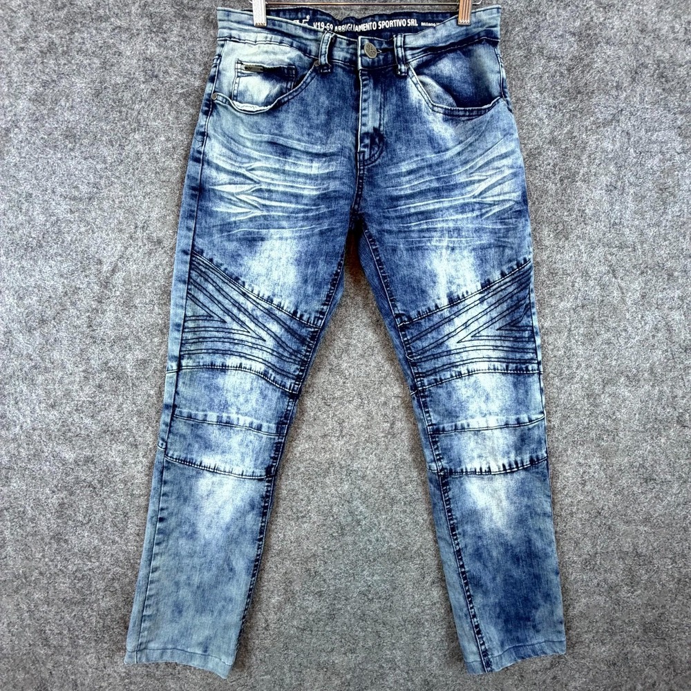 19V69 Italia Biker Skinny Jeans Mens 30x32 Blue Streetwear Moto Stretch Low Rise